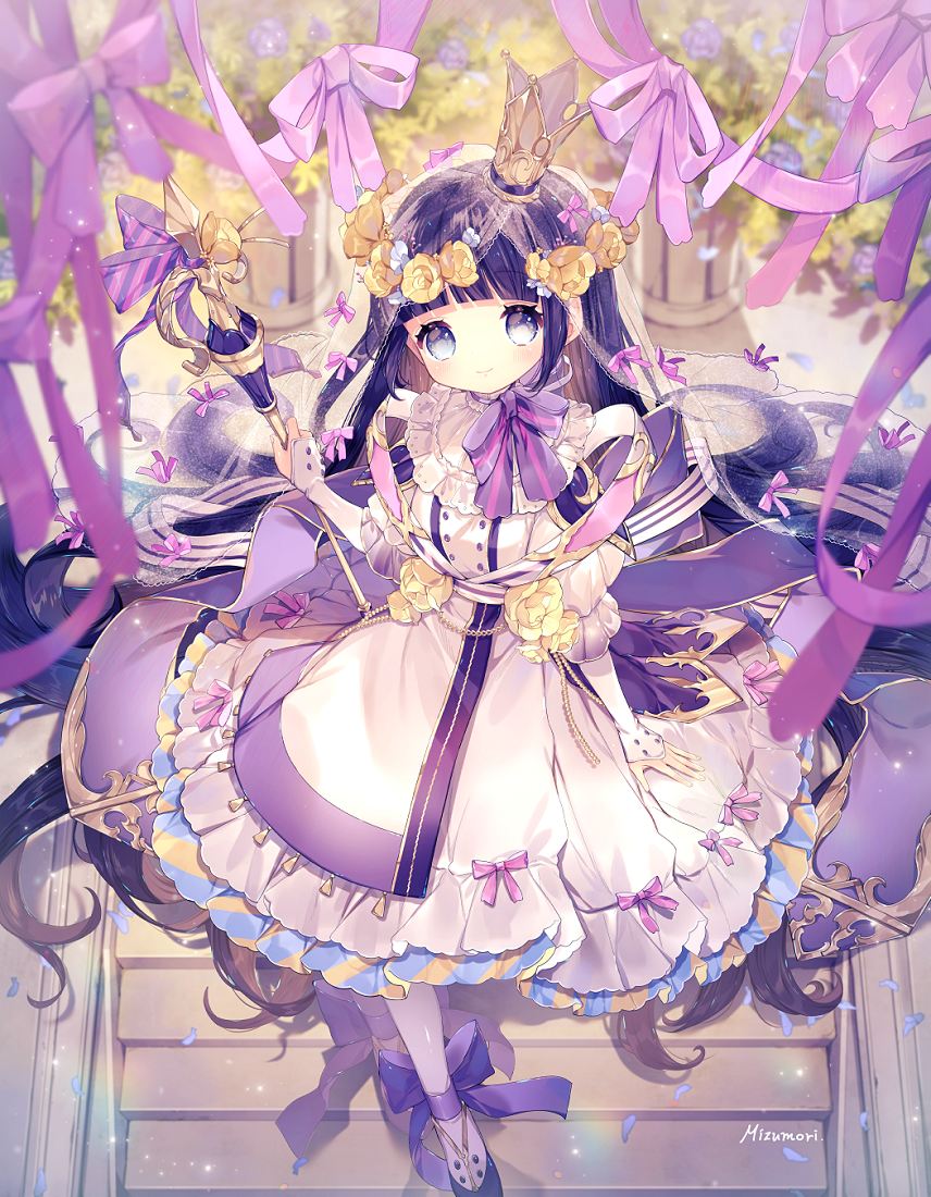 1girl, absurdly_long_hair, ankle_ribbon, artist_name, back_bow, bangs, black_eyes, black_hair