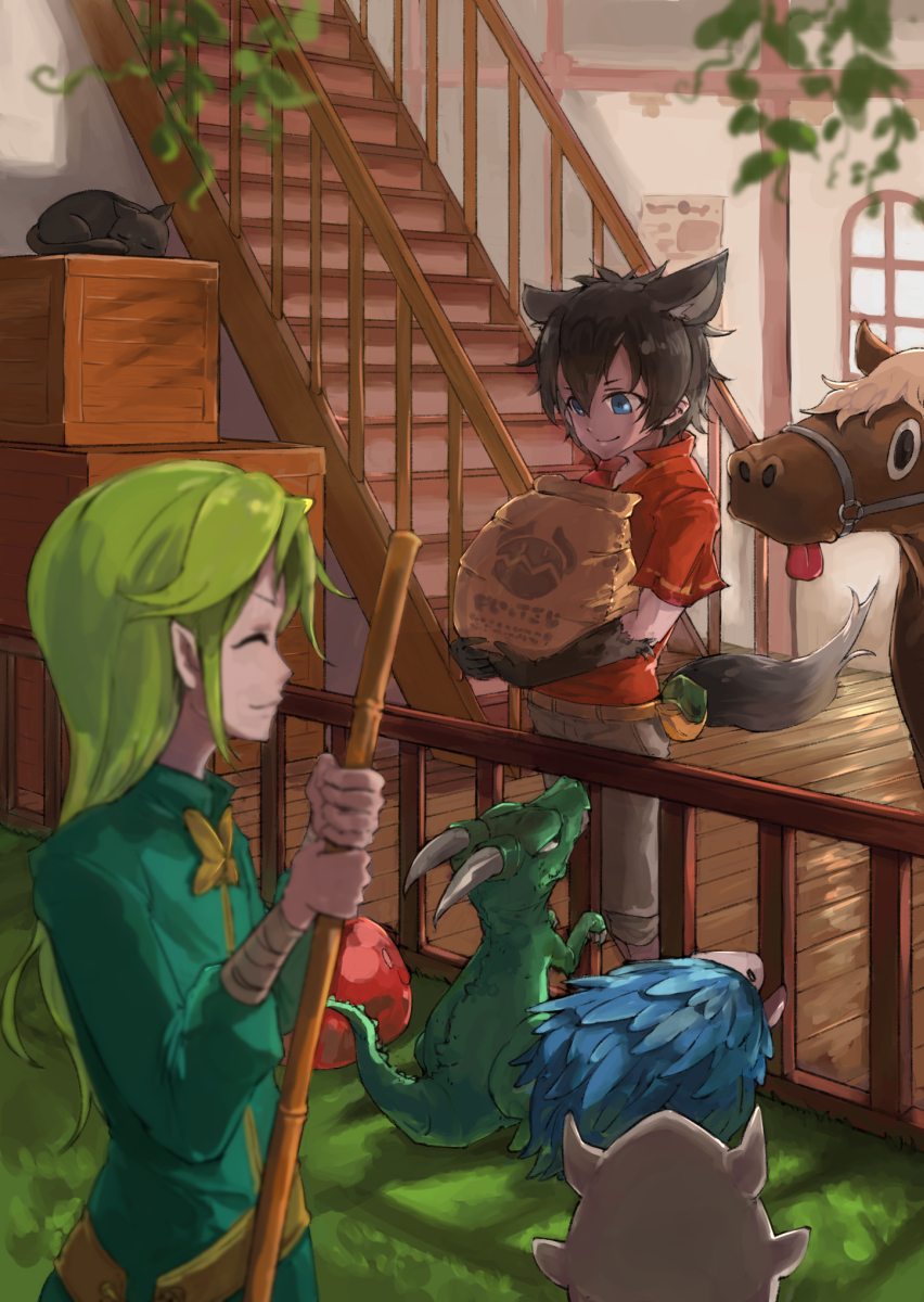1boy, 1girl, animal_ears, bag, begging, black_gloves, black_hair, blue_eyes