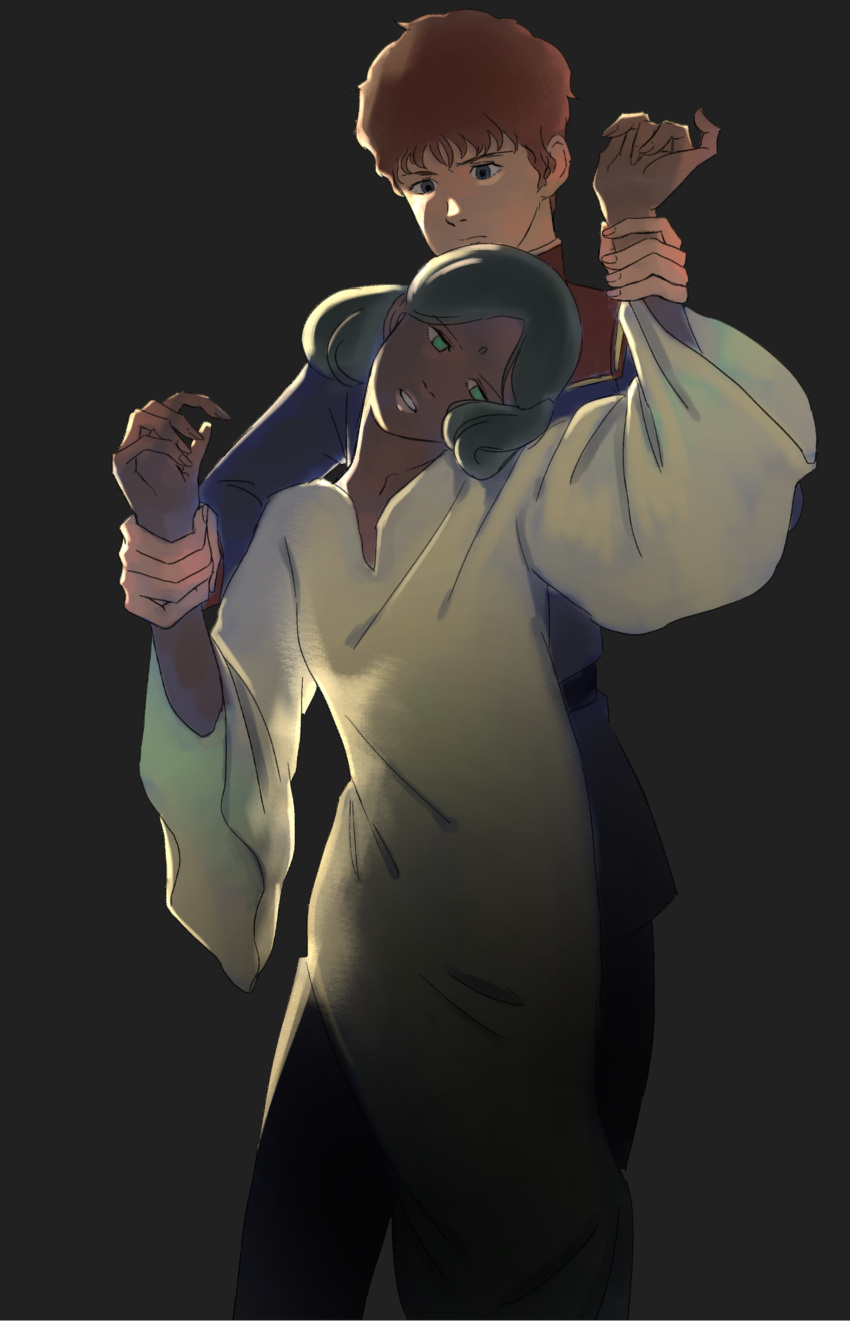13_sanami, 1boy, 1girl, absurdres, amuro_ray, char's_counterattack, dark_skin, gundam