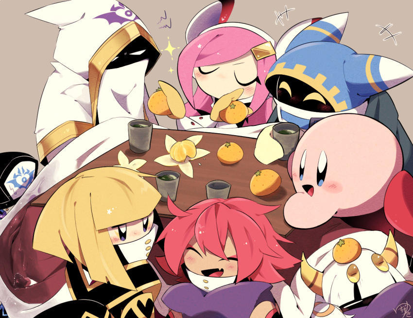1other, 3boys, 4girls, blush, cloak, closed_eyes, cup, flamberge_(kirby)