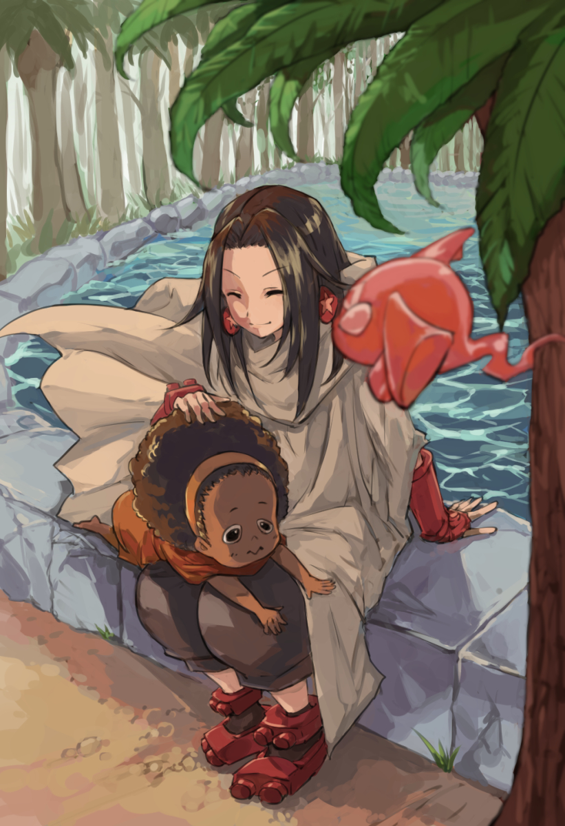 1boy, 1girl, afro, black_eyes, brown_cape, brown_hair, cape, character_request