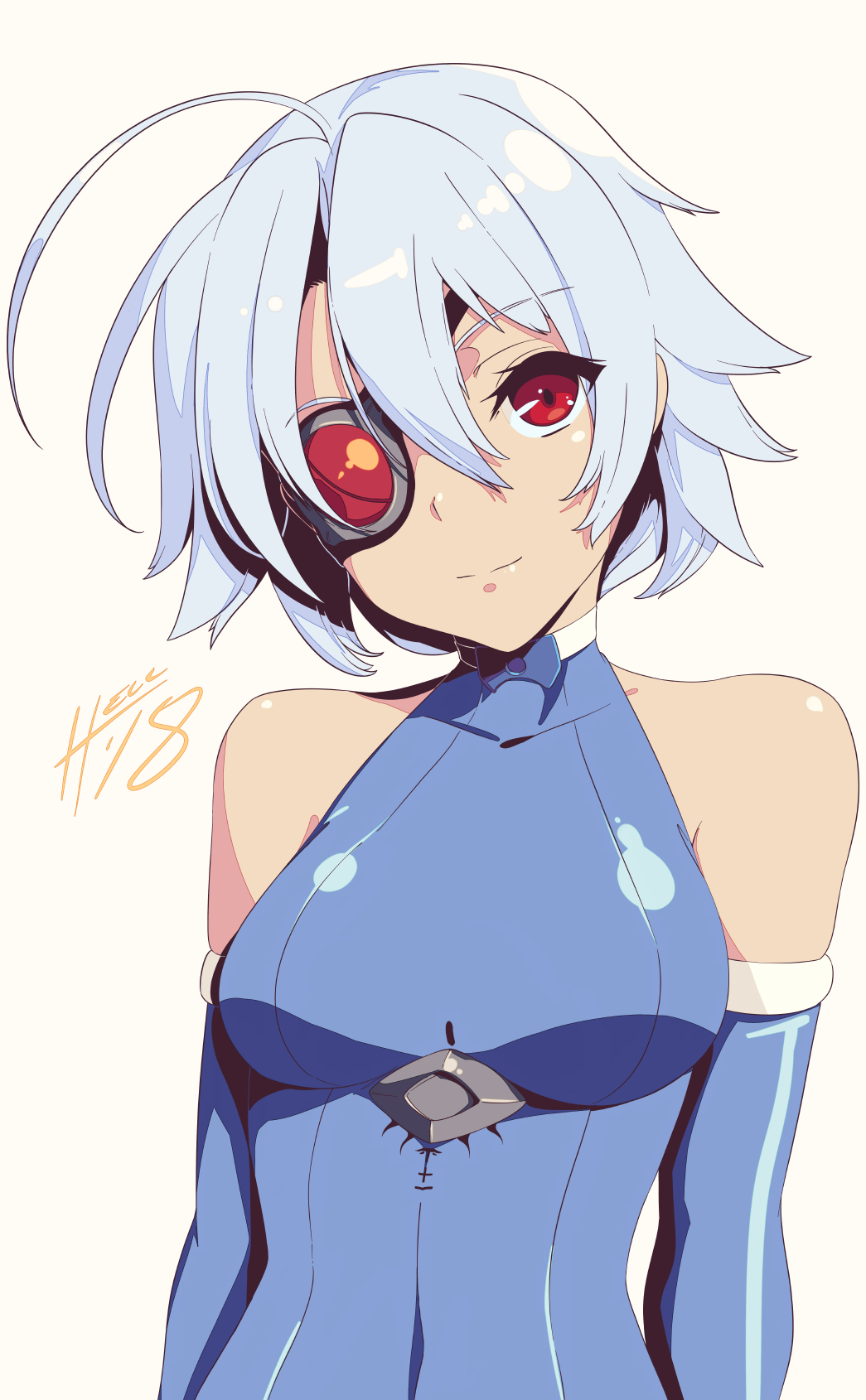 1girl, ahoge, bare_shoulders, blazblue, bodysuit, breasts, eyepatch, grey_hair