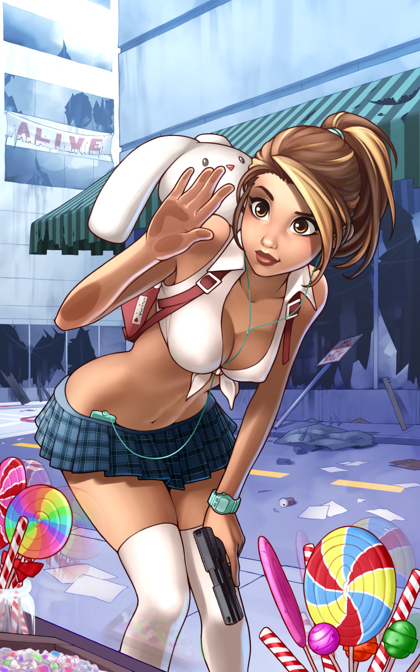 1girl, absurdres, against_glass, backpack, bag, blonde_hair, blue_skirt, breasts, brown_eyes, brown_hair, candy, candy_cane, cerra_romero, cleavage, commentary, commission, cover_image, digital_media_player, earphones, earphones, english_commentary, erect_nipples, food, front-tie_top, gun, hair_ornament, hair_scrunchie, handgun, highres, land_of_the_dead, leaning_forward, lips, lollipop, lowleg_skirt, medium_breasts, midriff, miniskirt, multicolored_hair, navel, nose, pistol, plaid, plaid_skirt, pleated_skirt, post-apocalypse, randoseru, ronindude, scrunchie, short_ponytail, skirt, solo, standing, streaked_hair, stuffed_animal, stuffed_bunny, stuffed_toy, swirl_lollipop, tan, thigh-highs, toned, trigger_discipline, two-tone_hair, watch, watch, weapon, zettai_ryouiki
