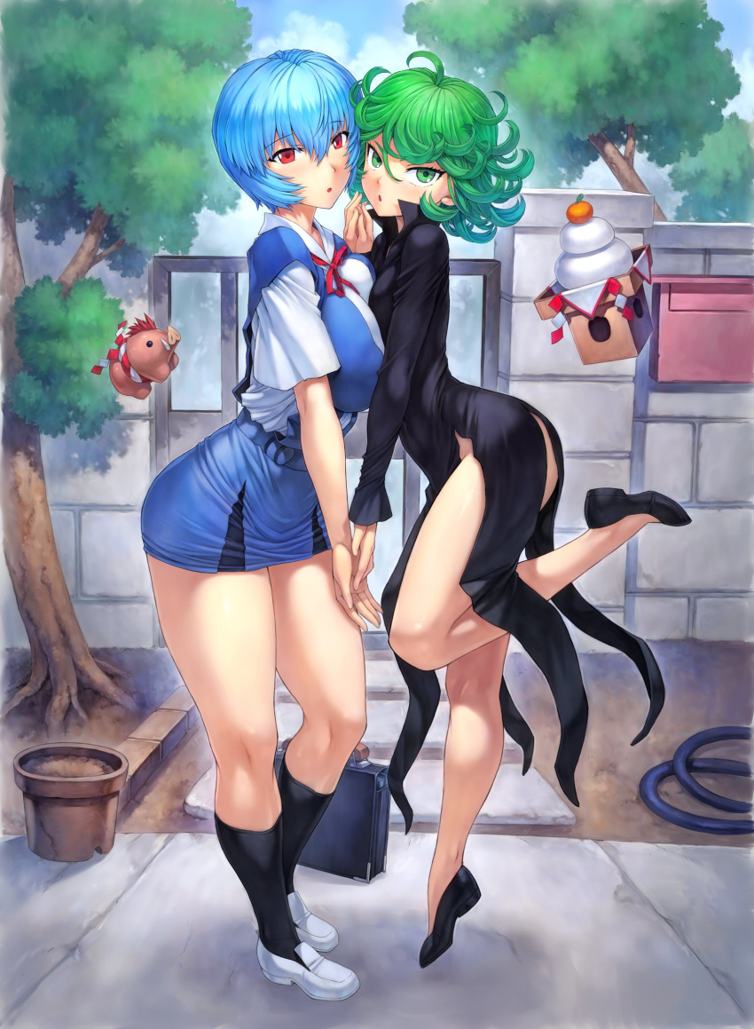 2girls, ayanami_rei, black_dress, blue_hair, brave_soul, curly_hair, dress, fence