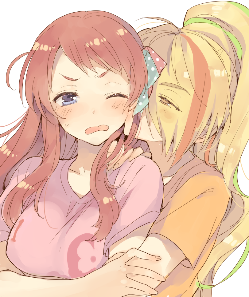 2girls, azuki_(aduki), bangs, blonde_hair, blue_eyes, blush, cheek_kiss, collarbone