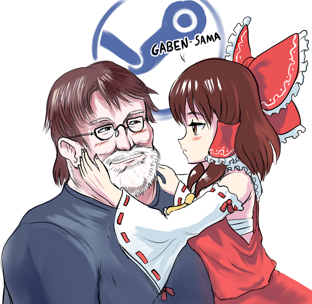 1boy, 1girl, ascot, bare_shoulders, beard, blush, bow, brown_hair
