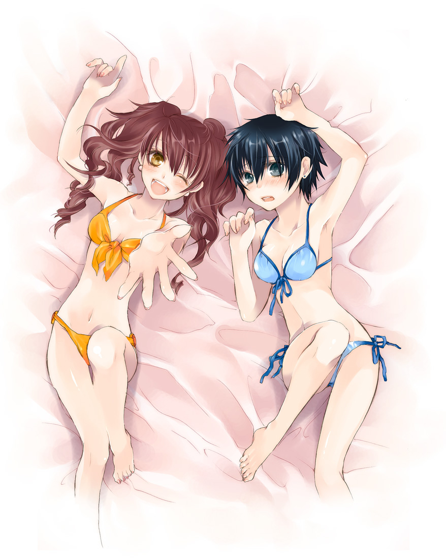 bad_id, bed, bikini, blue_bikini, blue_eyes, blue_hair, blush, earrings