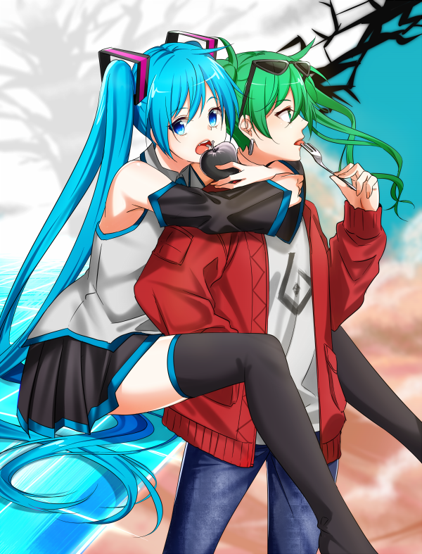 2girls, black_footwear, black_skirt, black_sleeves, blue_eyes, blue_hair, blue_pants, boots