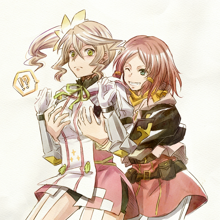 !?, 2girls, alisha_diphda, black_shorts, breast_grab, breasts, brown_hair, cowboy_shot