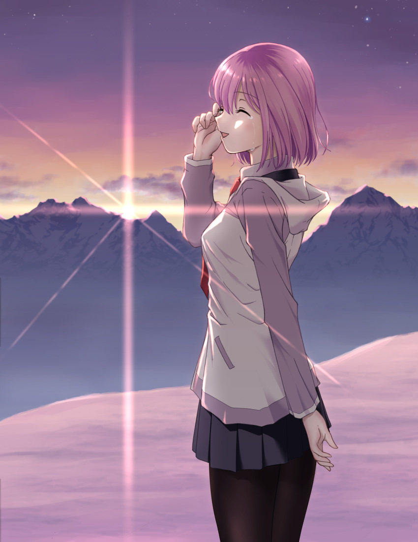 1girl, :d, akizuki565602, black_legwear, black_skirt, closed_eyes, crying, fate/grand_order