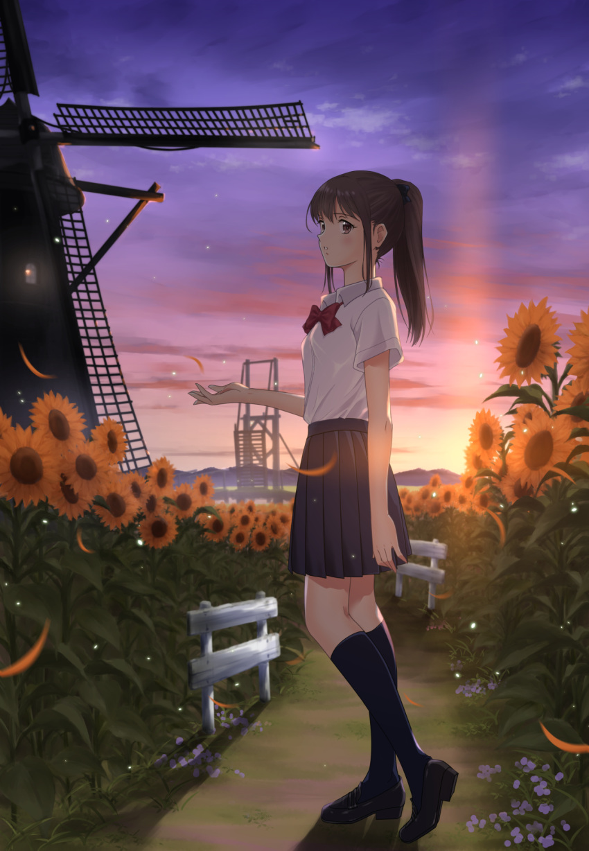 1girl, akizuki565602, black_footwear, black_legwear, black_skirt, brown_eyes, brown_hair, character_request