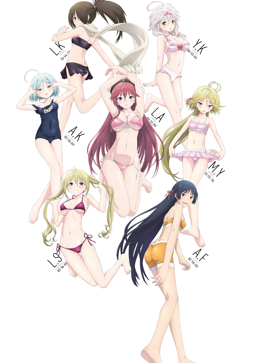 6+girls, :d, ahoge, antenna_hair, arm_behind_back, armpits, arms_up, asami_lilith