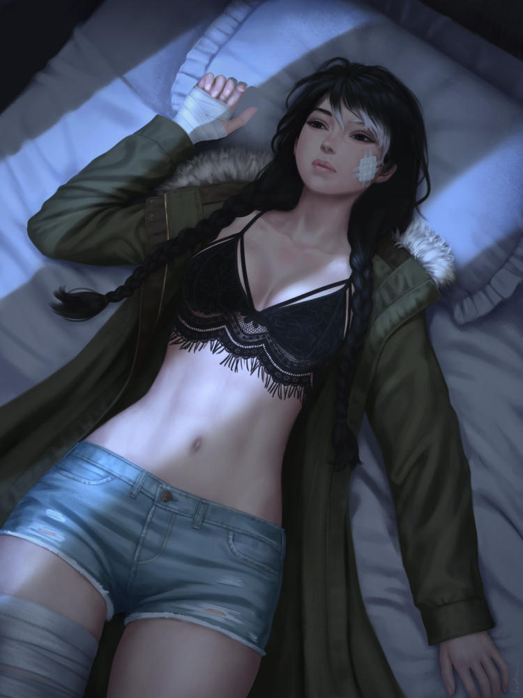 1girl, abs, arm_at_side, arm_up, arm_wrap, bandage_on_face, bangs, black_bra