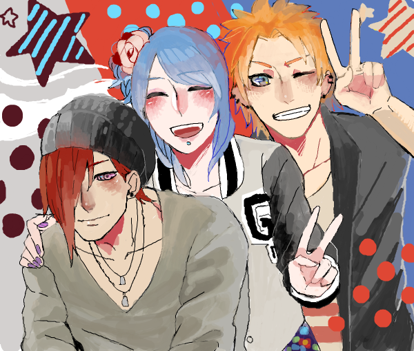 1girl, 2boys, ;d, alternate_costume, beanie, black_hat, black_sleeves, blue_hair
