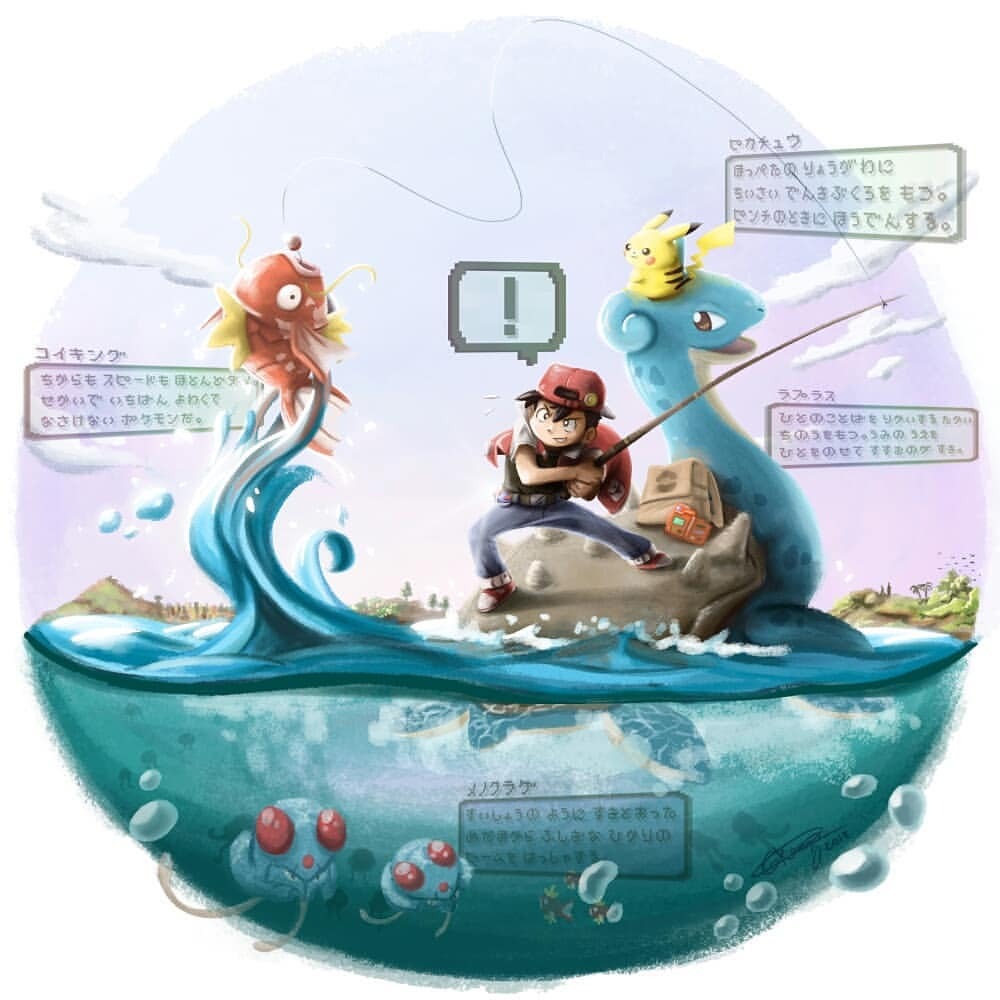 !, 1boy, 2018, backpack, backwards_hat, bag, baseball_cap, belt, black_hair, blue_pants, brown_eyes, collared_shirt, commentary, commentary_request, creature, creatures_(company), denim, english_commentary, fish, fishing_rod, game_freak, gen_1_pokemon, giulliano_kenzo, grass, hat, holding, holding_fishing_rod, jeans, lapras, looking_back, magikarp, nintendo, ocean, outdoors, pants, pikachu, pokedex, pokemon, pokemon_(creature), pokemon_(game), pokemon_rgby, portuguese_commentary, red_(pokemon), red_(pokemon_rgby), riding, riding_pokemon, shirt, short_sleeves, signature, speech_bubble, tentacool, translation_request, tree, water