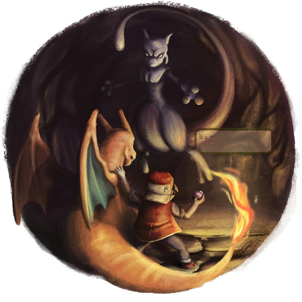 1boy, 2018, backwards_hat, baseball_cap, black_hair, blue_pants, cave, charizard