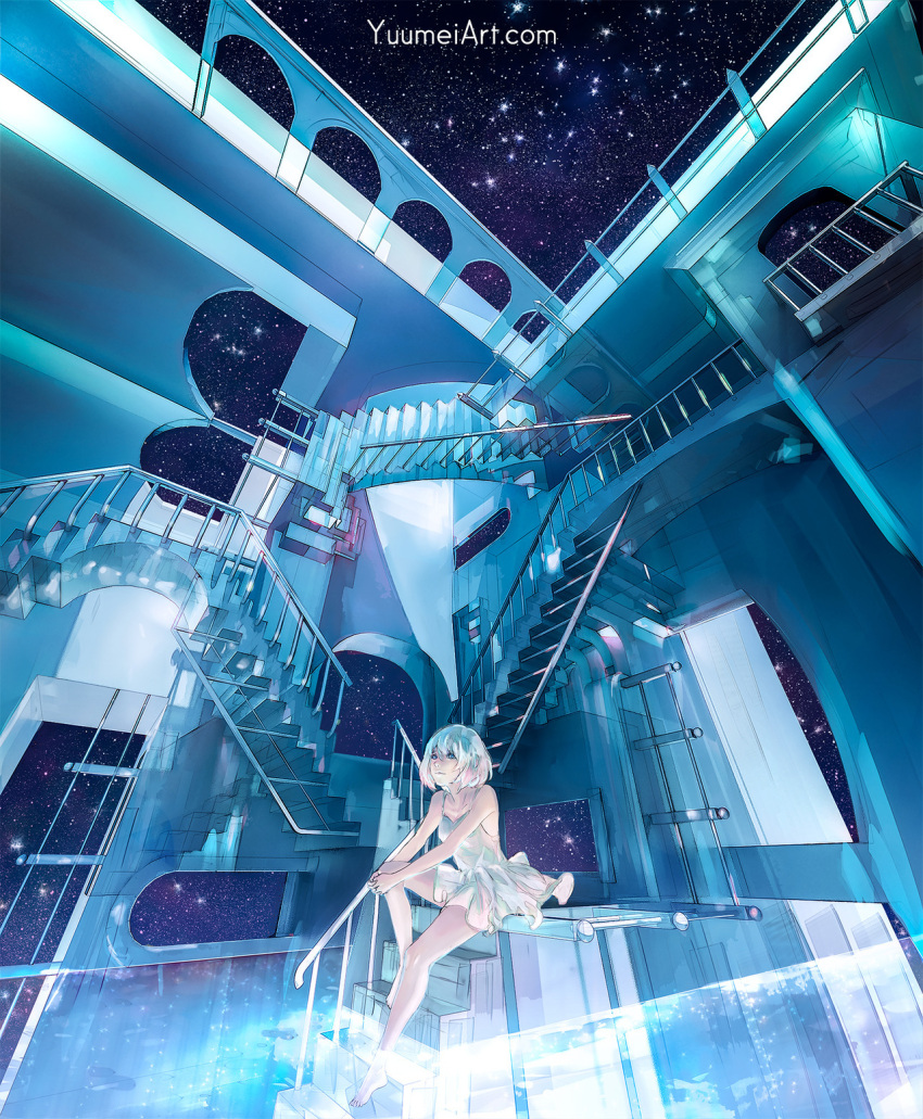 1girl, bare_shoulders, barefoot, blue_eyes, commentary, dress, english_commentary, highres