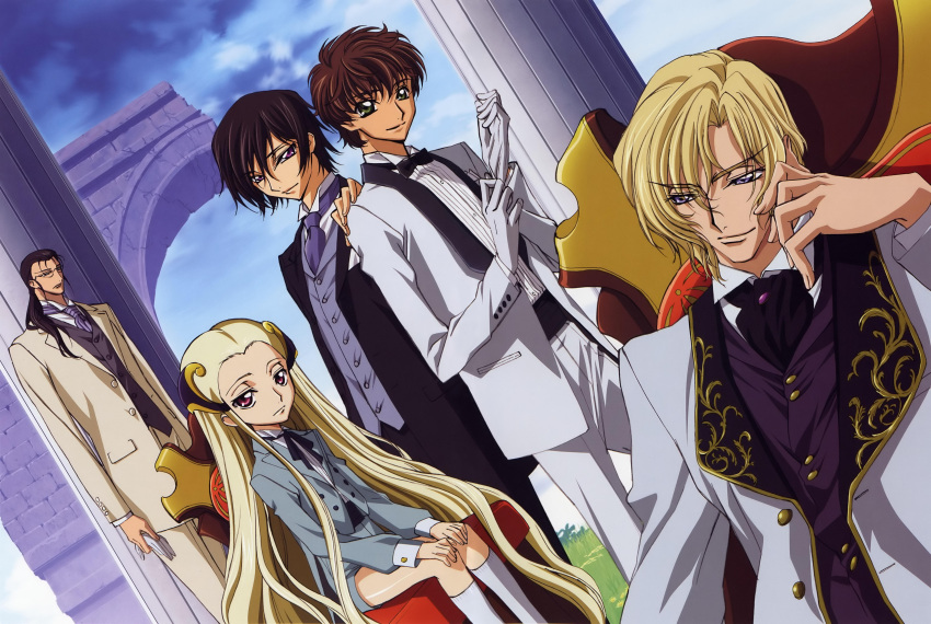 absurdres, black_hair, blonde_hair, blue_eyes, brown_hair, chair, chin_rest, code_geass, dutch_angle, formal, gilbert_gp_guilford, gilbert_guilford, glasses, gloves, green_eyes, hair_ornament, highres, kneehighs, kururugi_suzaku, lelouch_lamperouge, long_hair, male, multiple_boys, necktie, outdoors, purple_eyes, red_eyes, sakou_yukie, schneizel_el_britannia, schneizel_el_brittania, sitting, sky, smile, socks, suit, trap, v.v., very_long_hair, vv