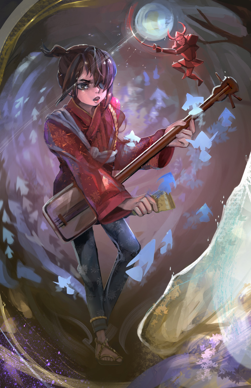 1boy, 1girl, :o, absurdres, black_eyepatch, black_hair, blue_pants, brown_eyes
