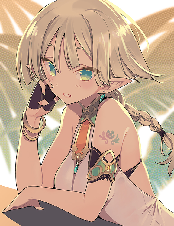 1girl, alternate_hairstyle, bare_shoulders, blade_(galaxist), blonde_hair, blue_eyes, blush, braid, breasts, earrings, elf, fingerless_gloves, gloves, jewelry, kris_bernal, long_hair, looking_at_viewer, pointy_ears, pop-up_story, shade, single_braid, single_glove, smile, solo