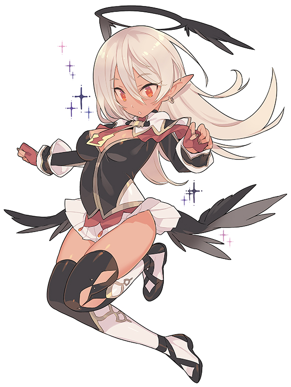 1girl, :o, angel_day, bangs, black_legwear, black_shirt, black_wings, blade_(galaxist), boots, breasts, brown_gloves, brown_nails, cleavage, dark_elf, dark_skin, earrings, elf, eyebrows_visible_through_hair, feathered_wings, fingerless_gloves, fingernails, full_body, gloves, hair_between_eyes, halo, jenna_kirsty, jewelry, knee_boots, light_brown_hair, long_hair, long_sleeves, low_wings, medium_breasts, necktie, parted_lips, pleated_skirt, pointy_ears, pop-up_story, red_eyes, red_neckwear, shirt, simple_background, skirt, solo, sparkle, st._feles_gakuen_uniform, thigh-highs, thighhighs_under_boots, very_long_hair, white_background, white_footwear, white_skirt, wings