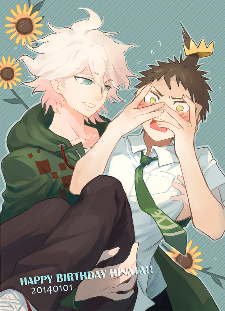 2boys, ahoge, alternate_hair_ornament, black_legwear, blush, brown_hair, collarbone, commentary_request