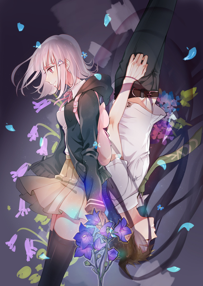 1boy, 1girl, animal_ears, back-to-back, backpack, bag, bare_arms, beige_skirt