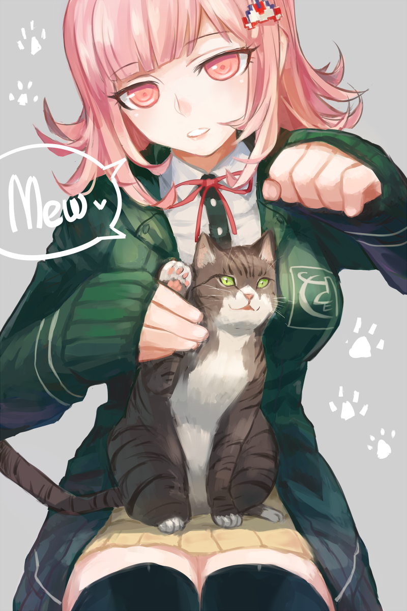1girl, animal, animal_ears, arm_up, beige_skirt, black_jacket, black_legwear, breasts