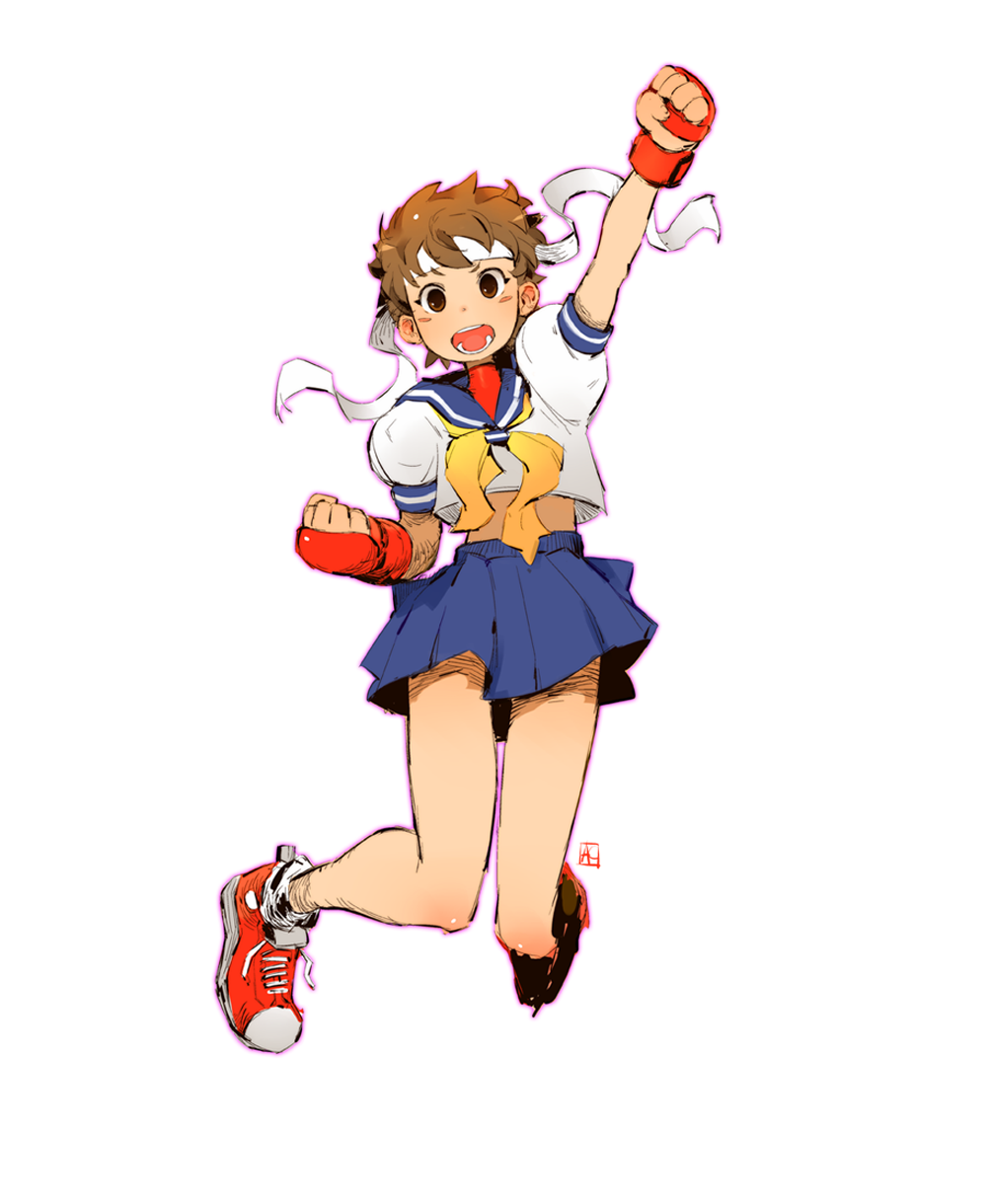 :d, andrea_cofrancesco, blue_sailor_collar, blue_skirt, brown_eyes, brown_hair, clenched_hand, fingerless_gloves