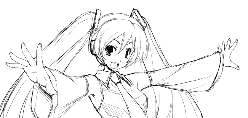 bust, detached_sleeves, foreshortening, hatsune_miku, headphones, headset, matsuzaki_yutaka, monochrome