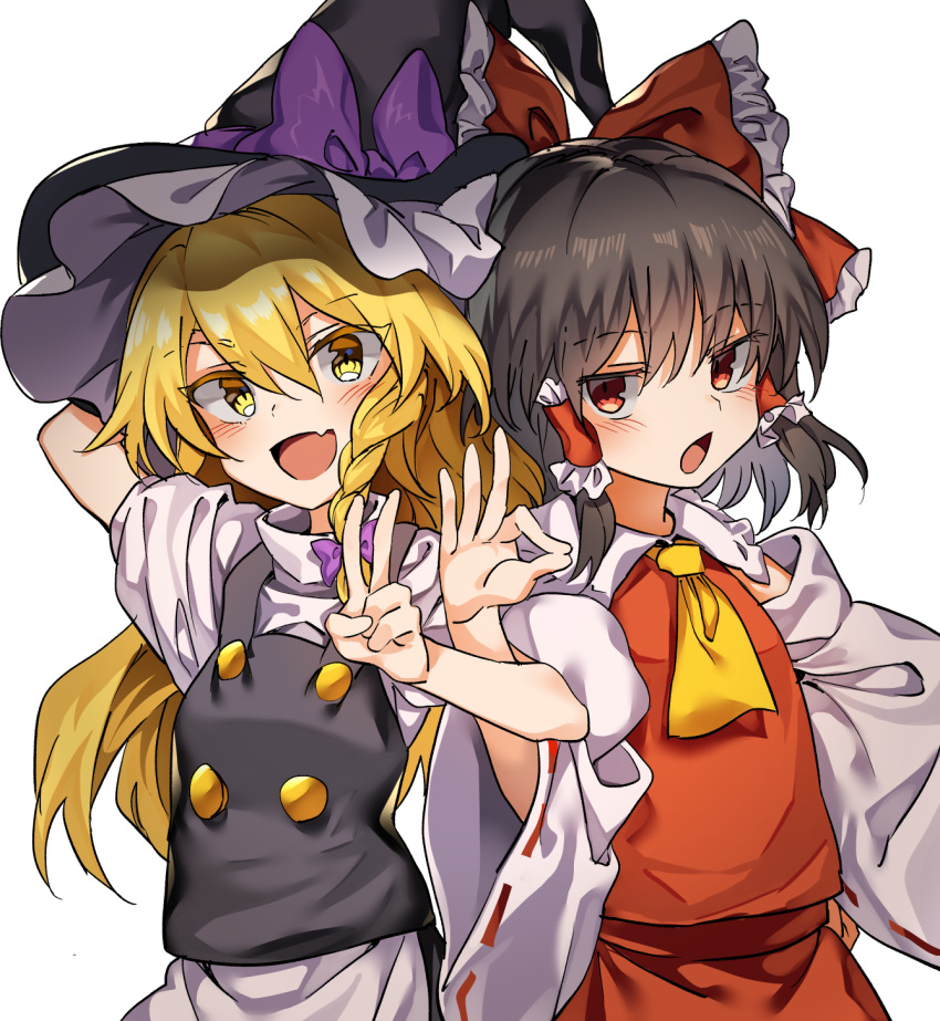 2girls, :d, apron, arm_up, ascot, bangs, black_hair, black_hat