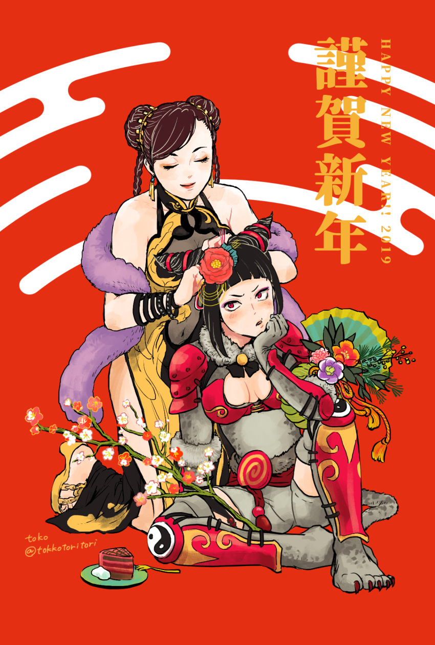 2girls, alternate_costume, blush, breasts, cake, capcom, chun-li, cleavage