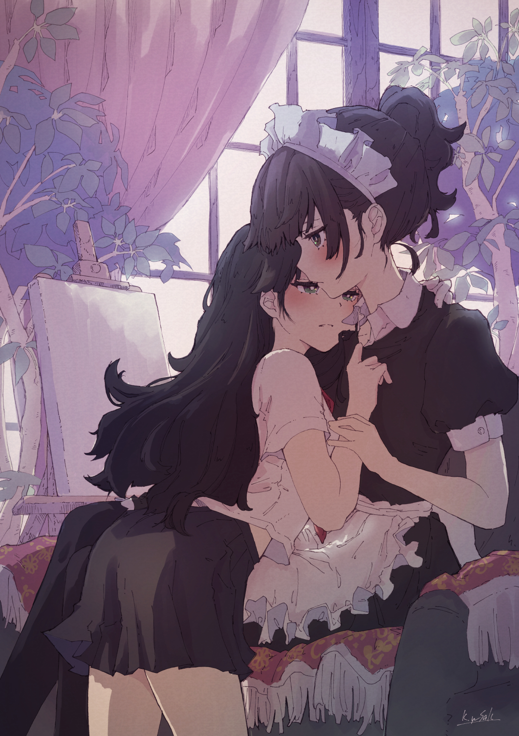 2girls, apron, bangs, black_dress, black_hair, black_skirt, blouse, blush