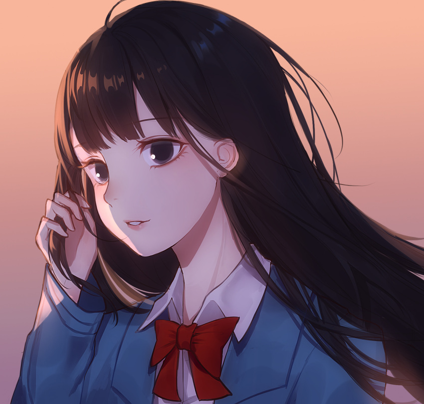 1girl, adjusting_hair, bangs, black_eyes, black_hair, blazer, blue_jacket, bow