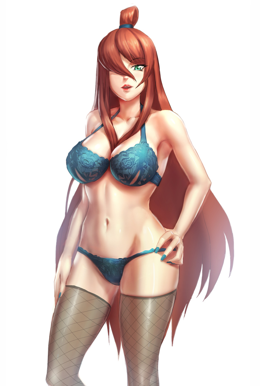 1girl, bangs, between_breasts, black_legwear, blue_bra, blue_nails, blue_panties, bra