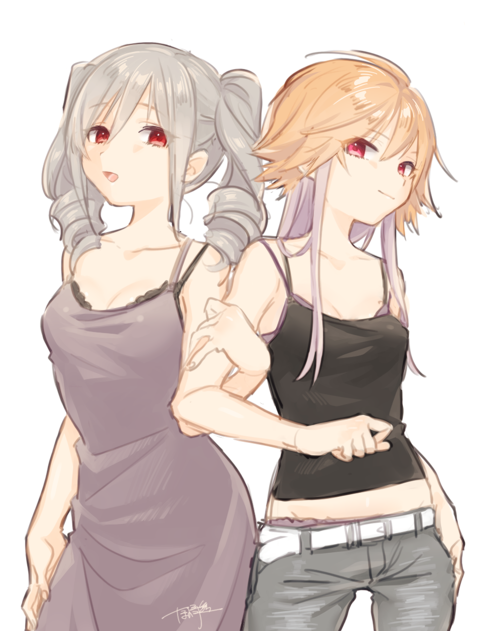 2girls, :d, arm_holding, belt, black_shirt, breasts, brown_hair, casual