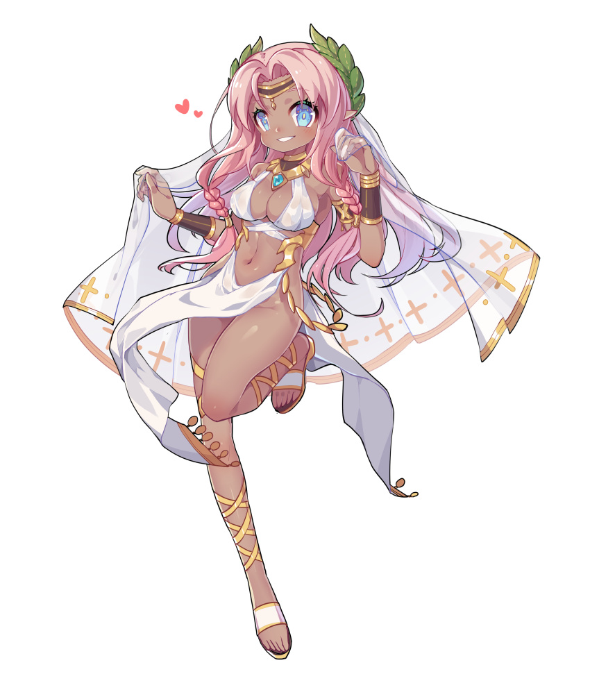 1girl, absurdres, armlet, blue_eyes, blush, bracer, braid, breasts, cleavage, dark_elf, dark_skin, elf, full_body, head_wreath, headband, heart, highres, ibex, jewelry, long_hair, medium_breasts, navel, original, pink_hair, pointy_ears, sandals, see-through, smile, solo, standing, standing_on_one_leg, thighlet, transparent_background, twin_braids, veil, very_long_hair