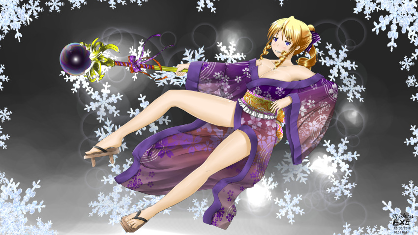 1girl, alternate_costume, artist_name, bare_shoulders, blonde_hair, breasts, calliope_(sennen_sensou_aigis), cleavage