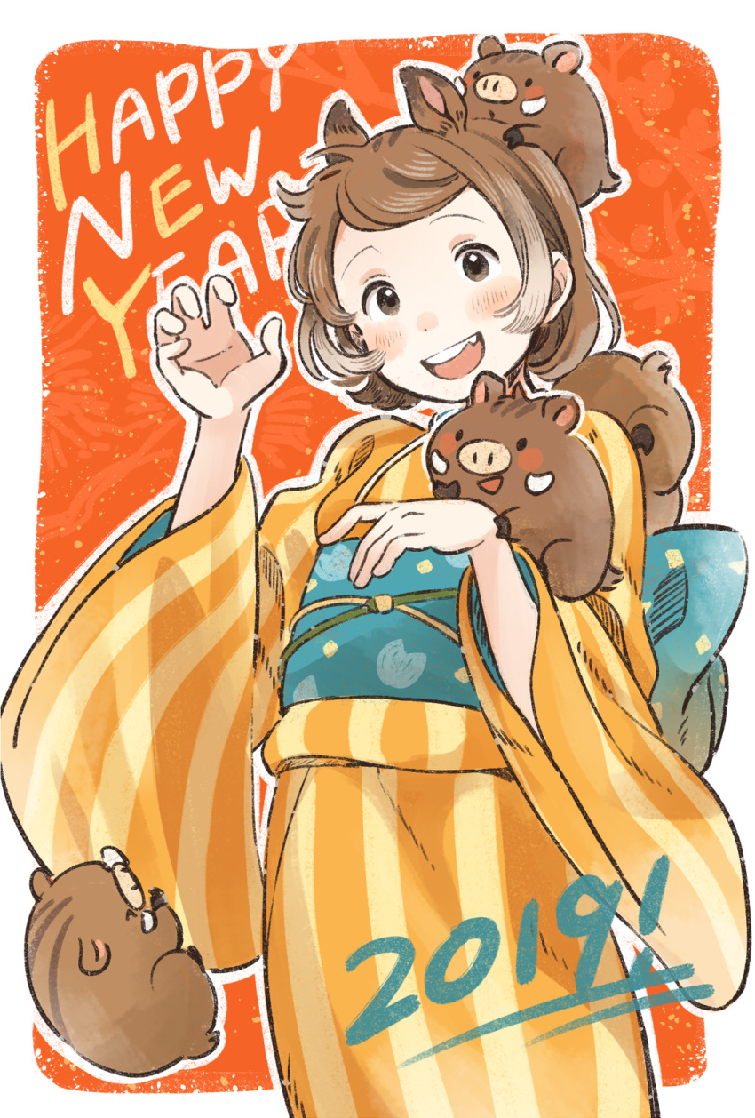 1girl, 2019, :d, animal, animal_ears, animal_on_hand, animal_on_head, back_bow, boar, boar_ears, bow, brown_eyes, brown_hair, chinese_zodiac, claw_pose, commentary, happy_new_year, highres, japanese_clothes, kana_(okitasougo222), kimono, long_sleeves, looking_at_viewer, new_year, obi, on_head, open_mouth, orange_kimono, original, outline, red_background, sash, short_hair, smile, solo, striped, vertical-striped_kimono, vertical_stripes, white_outline, wide_sleeves, year_of_the_pig