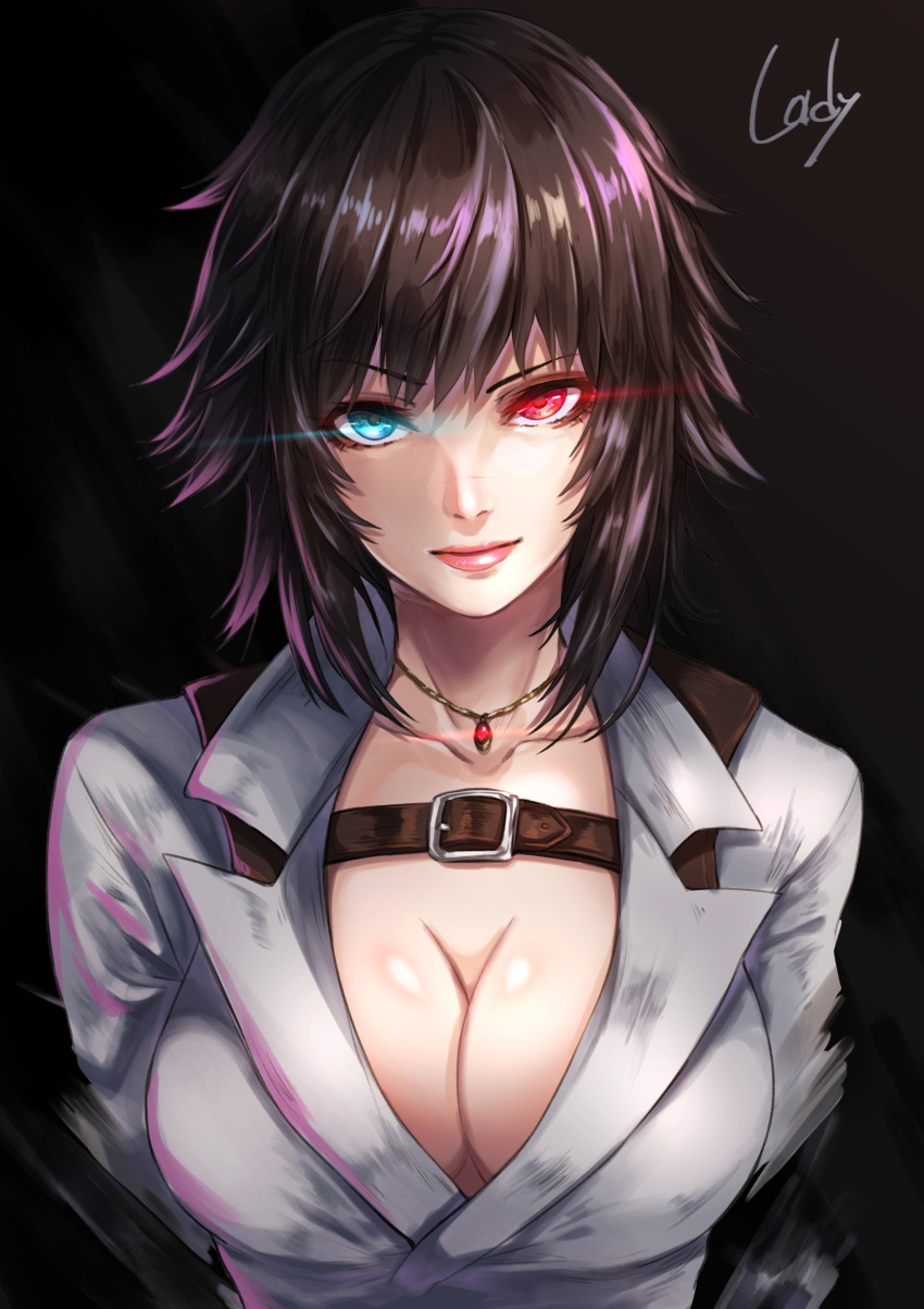 1girl, absurdres, bangs, belt_buckle, black_hair, blue_eyes, breasts, buckle