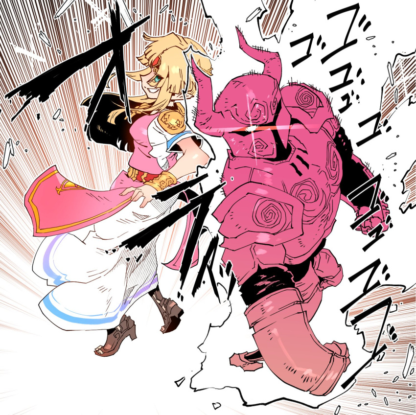 1girl, armor, aura, back-to-back, blonde_hair, blue_eyes, bracer, dress