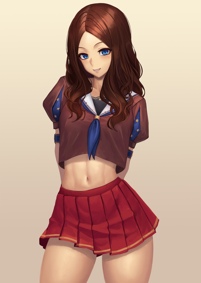 1girl, adapted_costume, armband, arms_behind_back, bangs, blue_eyes, blue_neckwear, brown_background