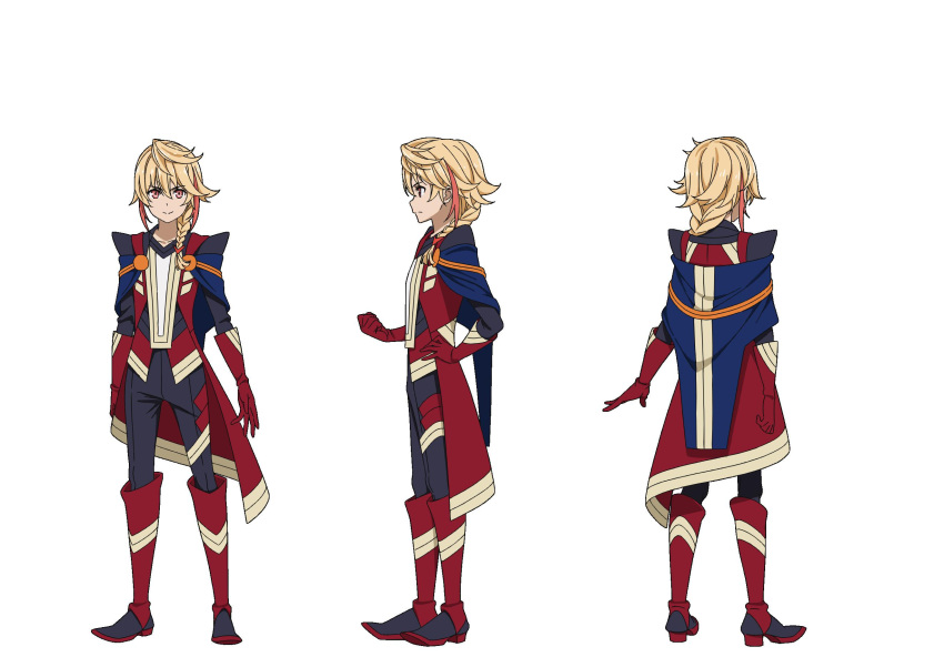 1boy, asymmetrical_clothes, black_footwear, black_pants, black_shirt, blonde_hair, blue_cape, boots