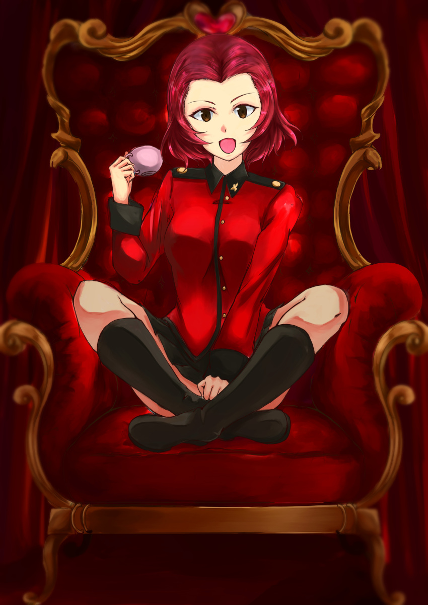 1girl, :d, absurdres, armchair, black_footwear, black_skirt, blurry, blurry_background