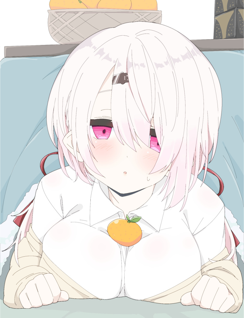 1girl, :o, blush, breasts, clenched_hands, collared_shirt, dress_shirt, eyebrows_visible_through_hair