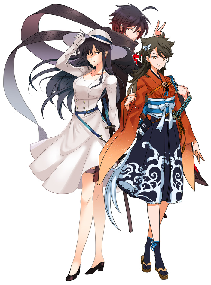 1boy, 2girls, ahoge, black_hair, bow, brown_eyes, brown_hair, crossover