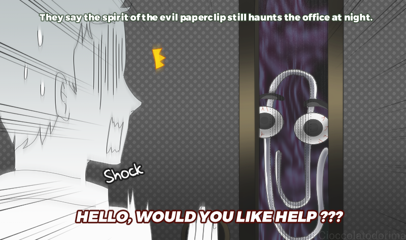 1boy, anime_coloring, aura, bloodshot_eyes, clippy, color_drain, fake_screenshot, male_focus