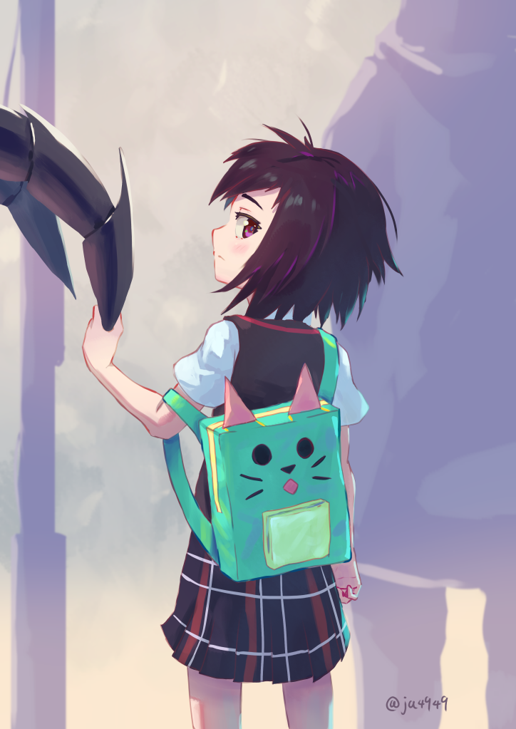 1girl, animal_bag, backpack, bag, black_hair, black_skirt, black_vest, closed_mouth