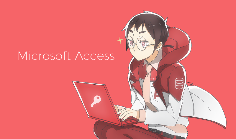 1boy, belt, brown_hair, computer, copyright_name, diffraction_spikes, glasses, jitome, laptop, male_focus, microsoft_access, microsoft_office, necktie, pants, personification, pink_eyes, pink_neckwear, ponytail, rosel-d, sitting, solo, typing