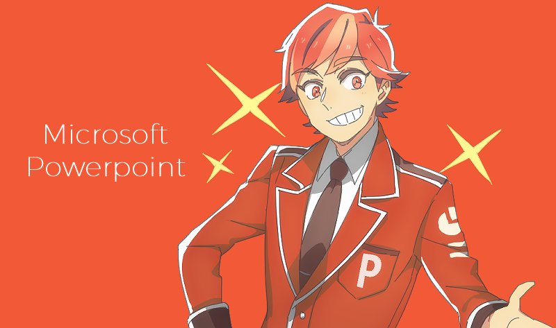 1boy, brown_neckwear, copyright_name, grin, looking_at_viewer, male_focus, microsoft_office, microsoft_powerpoint